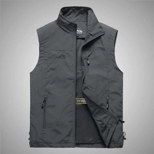 Dark grey outdoor multi-pocket fishing vest with zipper closure and breathable mesh lining