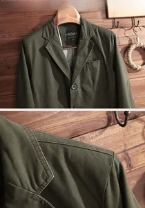 Detailed close-up of army green casual work jacket showing stitching and pocket details