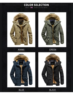 Men's winter parka collection in khaki green blue and black with thick fur hoods