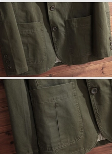 Detail of army green cotton blazer showing large patch pockets and fine stitching craftsmanship