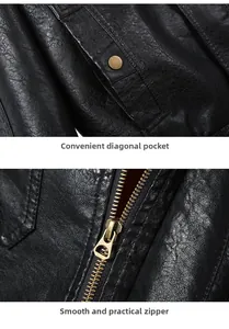Dettaglio giacca nera in similpelle con cerniera in ottone e tasche con bottoni