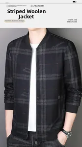 Detailed view of dark grey striped wool blend jacket with classic baseball collar and zipper
