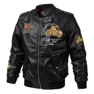 Men's Vintage PU Leather Embroidery Motorcycle Jacket Baseball Bomber Coat Faux Leather Outwear Casual Fashion Windproof Top