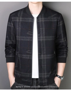 Detail shot of men's slim-fit bomber jacket with grey plaid texture and script print