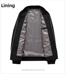 Detailed view of striped glossy lining and inner welt pocket of men's black casual jacket