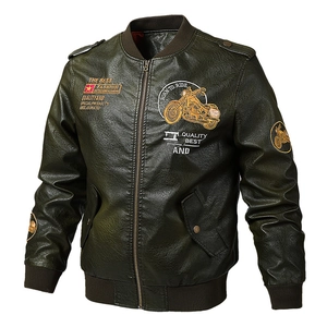 Men's dark green PU leather varsity jacket with motorcycle embroidery and ribbed cuffs