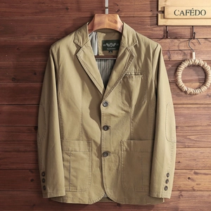 Men's Retro 100% Cotton Casual Blazer Jacket With Elbow Patches Notched Lapel Three Button Workwear Small Suit Jacket For Men