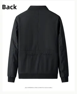 Back view of men's black jacket featuring Fashion Leisure embroidery and ribbed cuffs