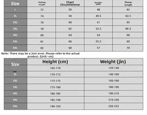 Detailed size chart for men's hooded winter coat showing L-6XL dimensions and weight guide