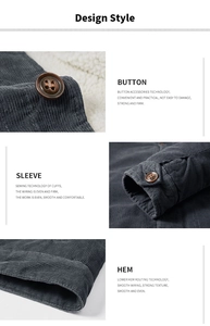 Detailed close-up of dark grey corduroy jacket with shearling lining and premium buttons