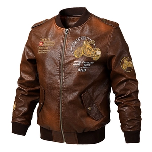 Brown vintage faux leather bomber jacket with motorcycle embroidery and ribbed cuffs