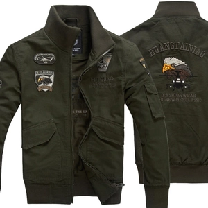 Army green military flight jacket with intricate embroidery and ribbed cuffs for men