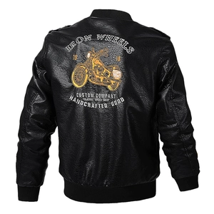Men's oversized black PU leather biker jacket featuring vintage motorcycle embroidery