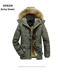 Detail view of army green winter parka showing warm fleece lining and large fur hood