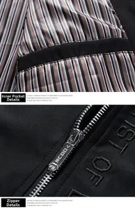 Close-up of inner striped lining pocket and silver metal zipper on men's jacket