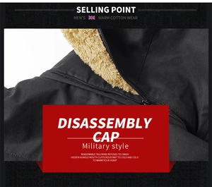 Detail of men's military cotton coat with detachable hood and warm fleece lining