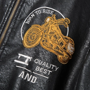 Men's faux leather biker jacket with vintage motorcycle embroidery and zip details