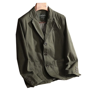 Men's casual olive green blazer jacket with notched lapel and elbow patches