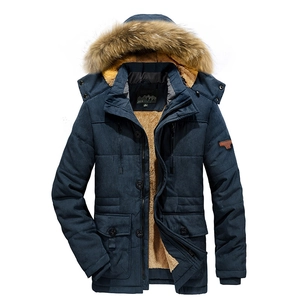 Men Winter Mid-Length Thickened Parka Coat Casual Fleece Lined Warm Hooded Jacket With Artificial Fur Collar Plus Size Outerwear