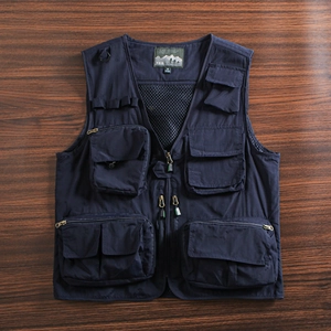 Men's dark blue outdoor cargo vest with multi-pocket design and breathable mesh lining