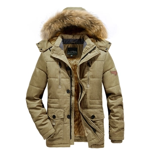 Mens heavy winter parka with plush faux fur hood and warm fleece lining in khaki