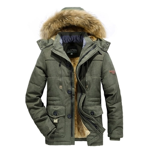 Men's winter military green parka with faux fox fur hood and warm lamb wool lining