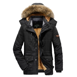 Men's black winter parka with thick fleece lining and luxury faux fur hooded collar