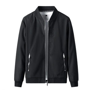 Men's black bomber jacket with stand collar and embossed detail on a white background