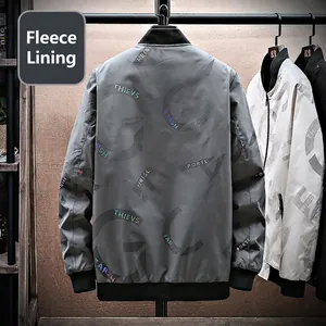 Dunkelgraue Bomberjacke für Herren mit Fleece-Futter, Allover-Print und Rippbündchen