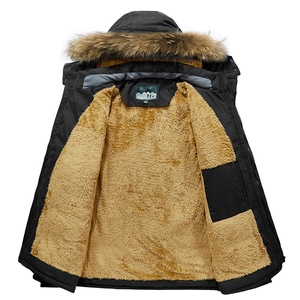 Men's winter hooded parka with thick fleece lining and faux fur collar in black