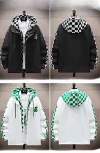 Detail display of men's hooded windbreakers in black and white with checkerboard patterns