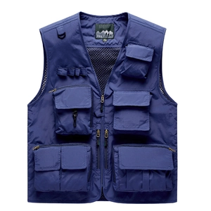 Navy blue tactical vest with multiple utility pockets and breathable mesh lining