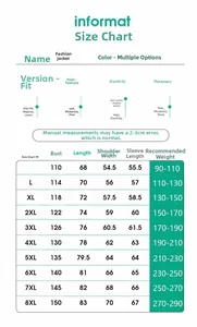 Size guide table for casual men's jacket with measurements from M to 8XL in centimeters