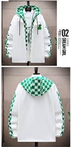 Detail of hooded jacket with green checkerboard lining and cute bear embroidery patch