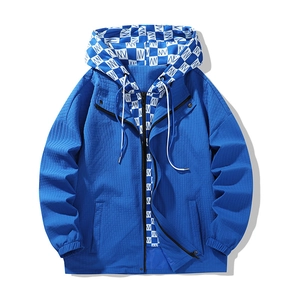 Men's blue waffle texture hooded jacket with checkered lining and drawstring