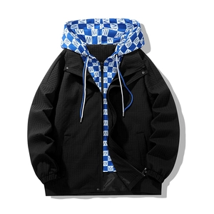 Men's casual black hooded jacket with checkered lining and waffle texture