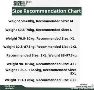 Detailed size chart for men's outdoor multi-pocket fishing vest from M to 6XL