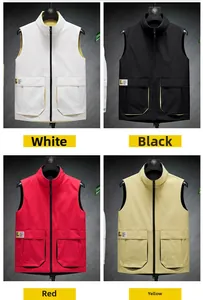 Men's standing collar vests shown in four colors with large utility pockets and labels