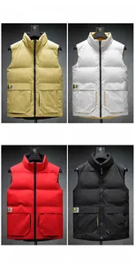 Detailed view of stand-up collar vests in yellow, white, red, and black with zip closure