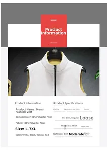 Detail view of lightweight men's stand-collar vest showing 100% polyester fabric texture