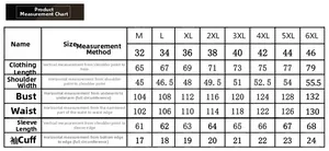 Detailed size chart for men cotton bomber jacket with measurements from M to 6XL