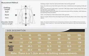 Detailed size chart for men winter jacket showing chest and shoulder measurements from L to 6XL