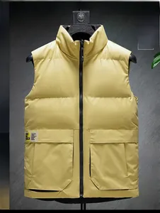 Detail view of khaki stand collar vest with cargo pockets and city list patch