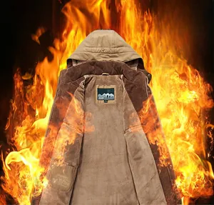 Detail of warm brown plush lining and windproof fabric layer of the winter parka coat