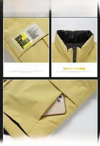 Detail view of the yellow stand collar vest showing zipper, pockets, and city tags