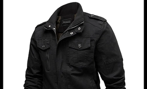 Detail view of cotton work jacket featuring stand collar, epaulettes, and chest pockets