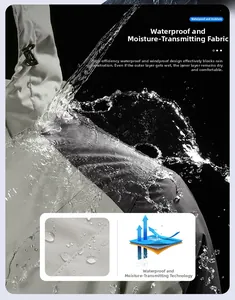 Gros plan du tissu imperméable gris montrant l'effet déperlant et les éclaboussures d'eau