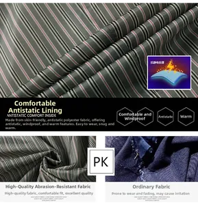 Detailed view of striped polyester lining featuring anti-static and windproof fabric