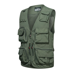 Gilet de pêche vert armée multi-poches avec doublure en maille tactique et col en V