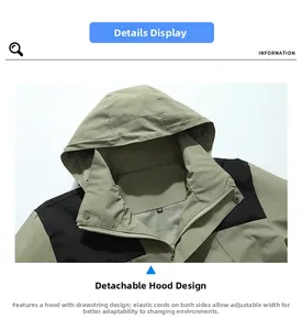 Détails d'une veste à capuche avec panneaux vert olive et noirs et doublure en maille
